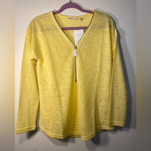 NWT Soft Surroundings|| Sweater Womens  Yellow Zip V-Neck Long Sleeve Pu…